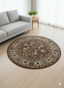 Dywan Okrągły Klasyczny Orientalny 160cm Brąz / Beż – Elegancki Styl Perski, Gęste Runo