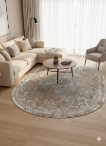 Dywan owalny 240×340 cm – beżowy / szaro-złoty wzór, elegancki
