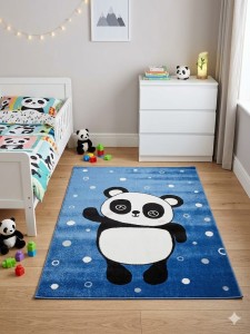 Dywan dziecięcy panda 133x190 cm – niebieski, miękki, do pokoju dziecka