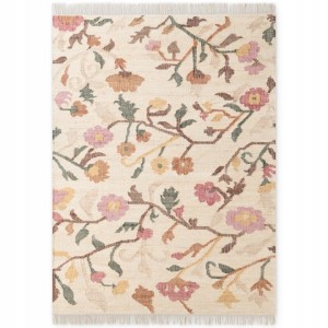 DYWAN z juty do salonu 80x150cm- Elle Decoration Roya Violette, kremowy w kolorowe kwiaty, z frędzlami